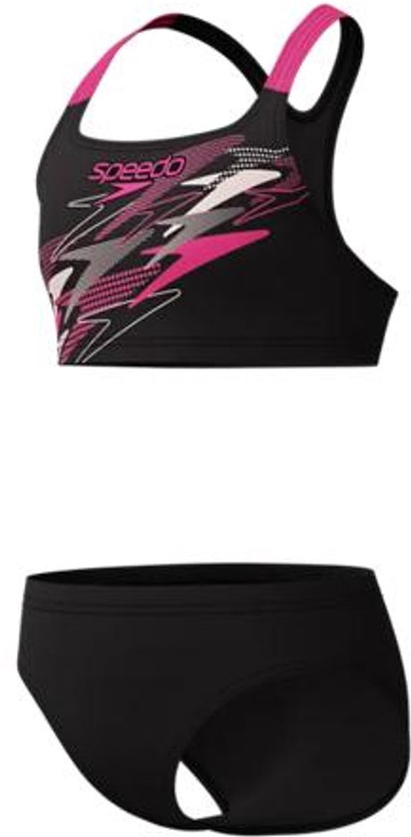 Speedo medley logo racerback 2 piece meisjes sportbadpak- bikini meisjes voor sport - vormvaste sportbikini meisjes - zwembikini meisjes met racerback-top - zwart roze - 152