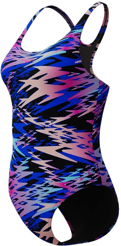 Speedo hyperboom print medalist dames sportbadpak - kleurvast badpak dames - chloorbestendig zwempak dames - sportbadpak dames met medalist-rug - zwart roze - 36