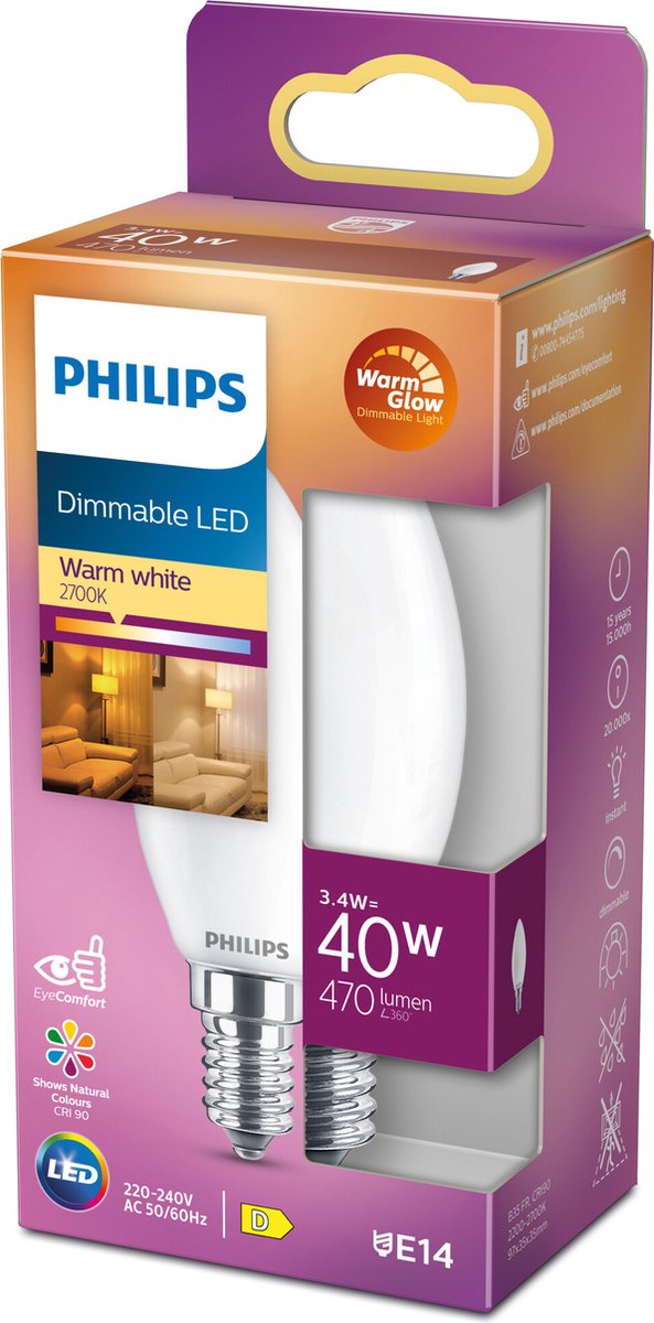 Philips led kaars mat - 40 w - e14 - dimbaar warmwit licht