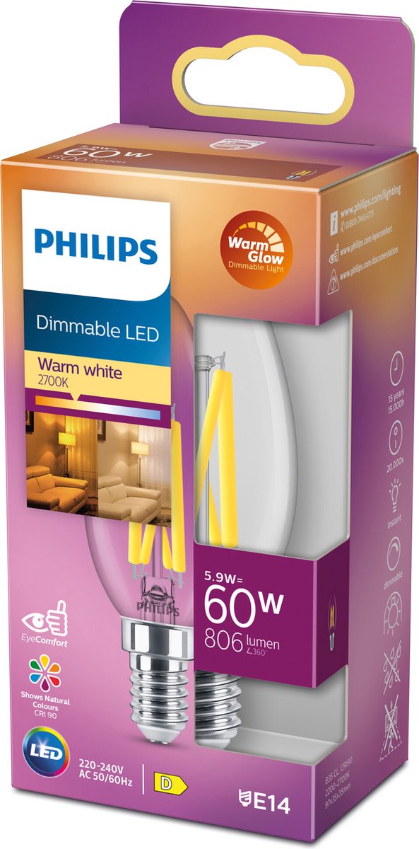 Philips led kaars transparant - 60 w - e14 - dimbaar warmwit licht