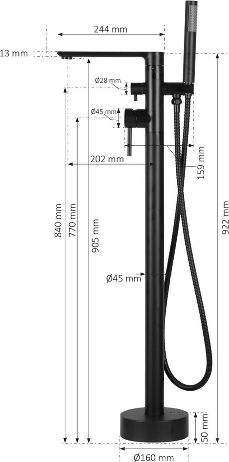 Differnz badkraan - vrijstaand - modern design - mat zwart - met handdouche en doucheslang - materiaal rvs - inclusief vloer bevestigingsmateriaal - 2 jaar garantie