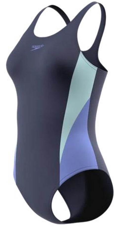 Speedo colourblock splice muscleback 1p dames - sportbadpak dames met muscleback - badpak dames met vormvaste pasvorm - zwempak dames voor fitnesstraining - marine blauw - 40