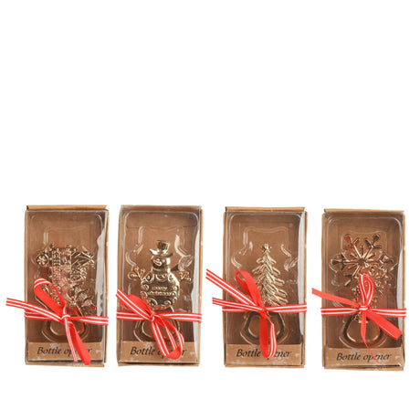 Decoris flesopener in cadeauverpakking 4.3x7.7x0.3cm trein sneeuwpop kerstboom sneeuvlok 4 assorti