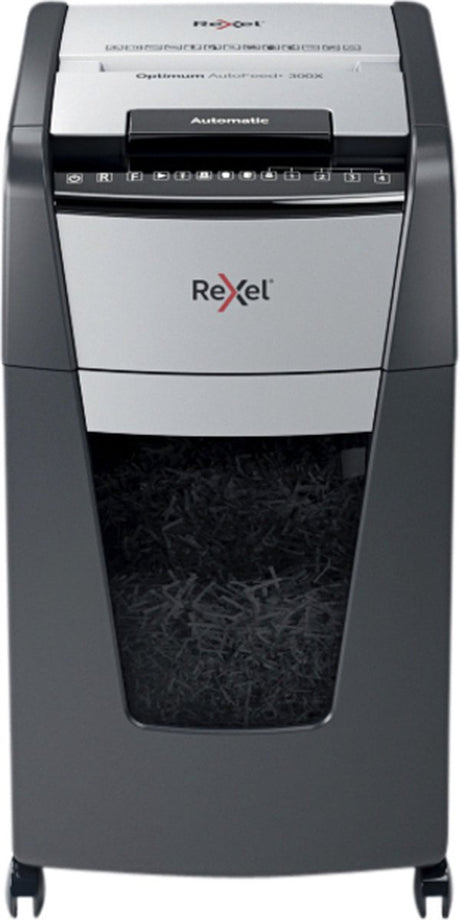 Rexel optimum autofeed+ 300x fluisterstille papierversnipperaar - p4 snippers - automatische invoer tot 300 vel - 60l - zwart