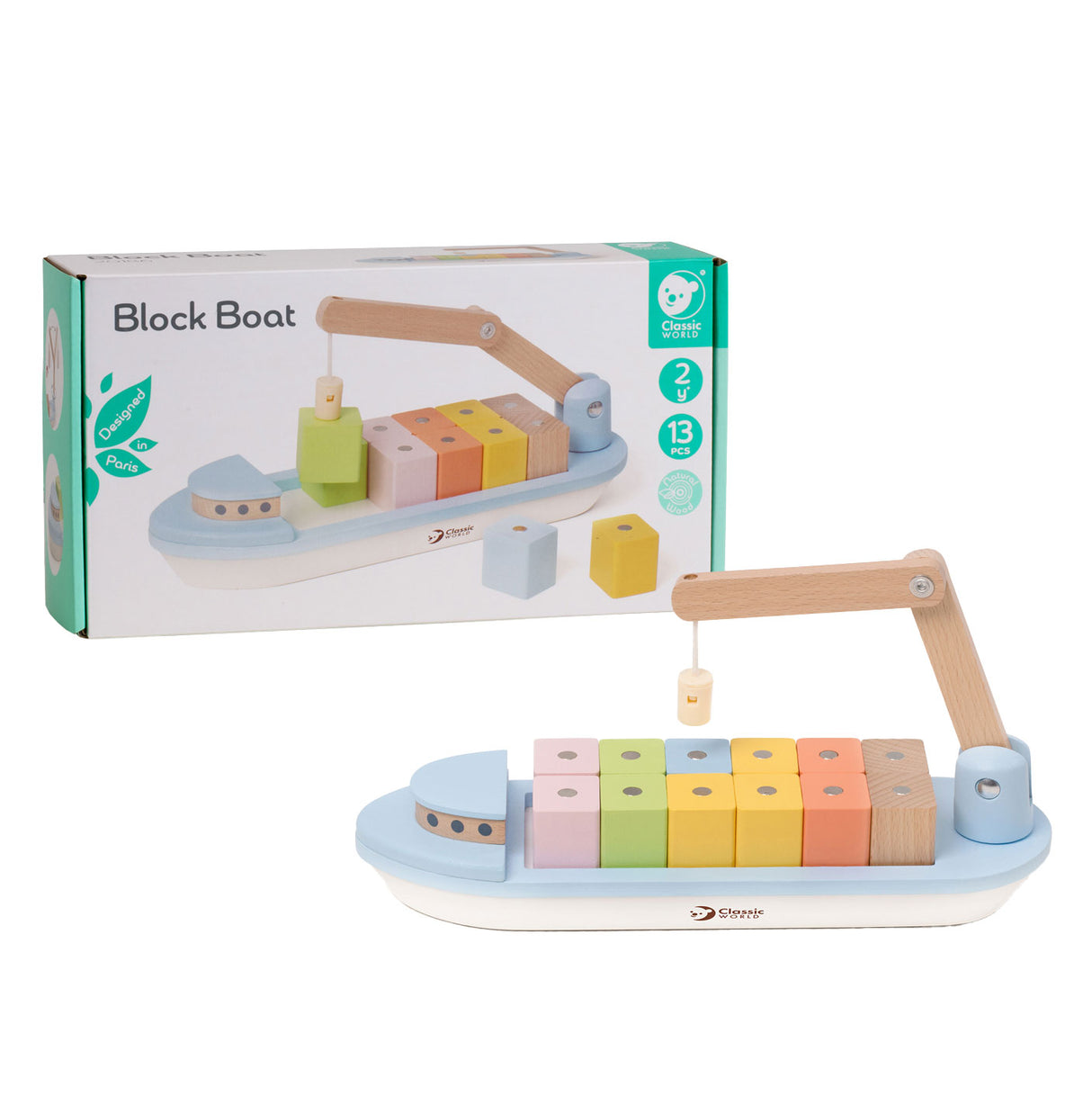 Classic World World Wooden Block Boat con Tap, 13dlg.