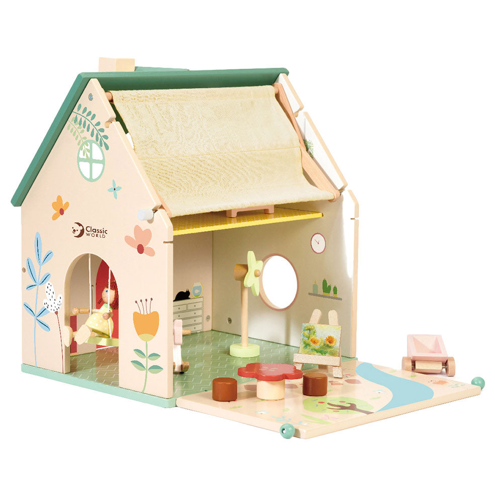 Klassisk World World Wood Dollhouse med have, 10dlg.