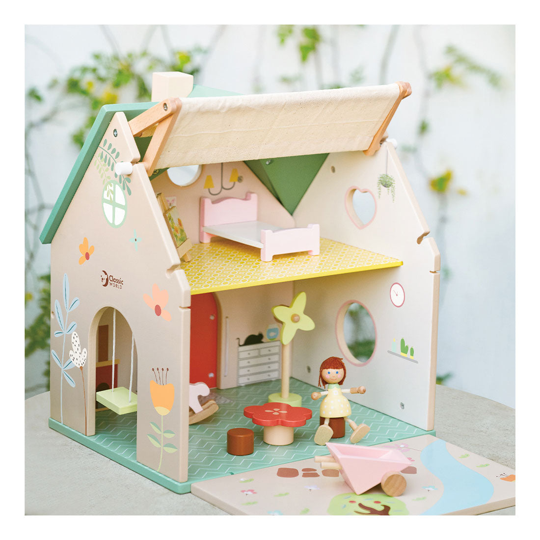 Klassisk World World Wood Dollhouse med have, 10dlg.