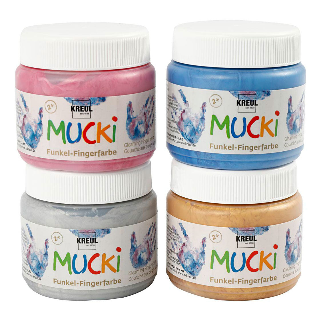 Creativ Company mucki finger paint metallic blue gold pink silver, 4st.