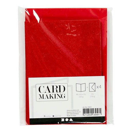 Creativ company kaarten en enveloppen 10,5x15cm glitter rood - 4st.
