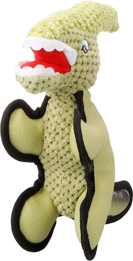 Flamingo hondenspeelgoed - saura dinosaurus kaki l - pluche latex - met squeaker - ribfluweel afwerking - 10,5 x 25,5 x 23,5 cm l