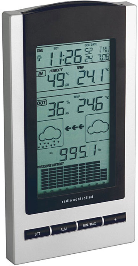 Tfa-dostmann 35.1083.54 - weerstation - digitaal - tafel of wandstation - binnentemperatuur - binnenvochtigheid - radiogestuurde tijdsaanduiding - datumaanduiding - alarm - snooze - zilverkleurig - zwart