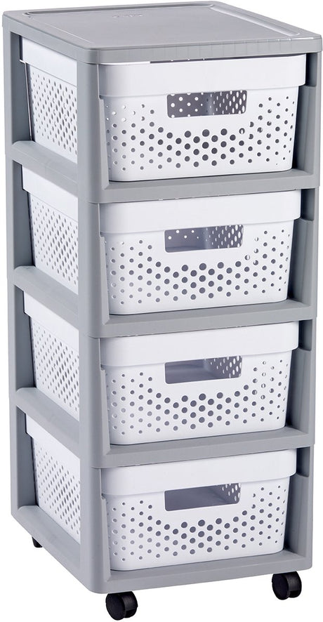 Curver infinity dots ladesysteem - 4 lades van 11l - met wieltjes - 36x30×66 cm - grijs wit