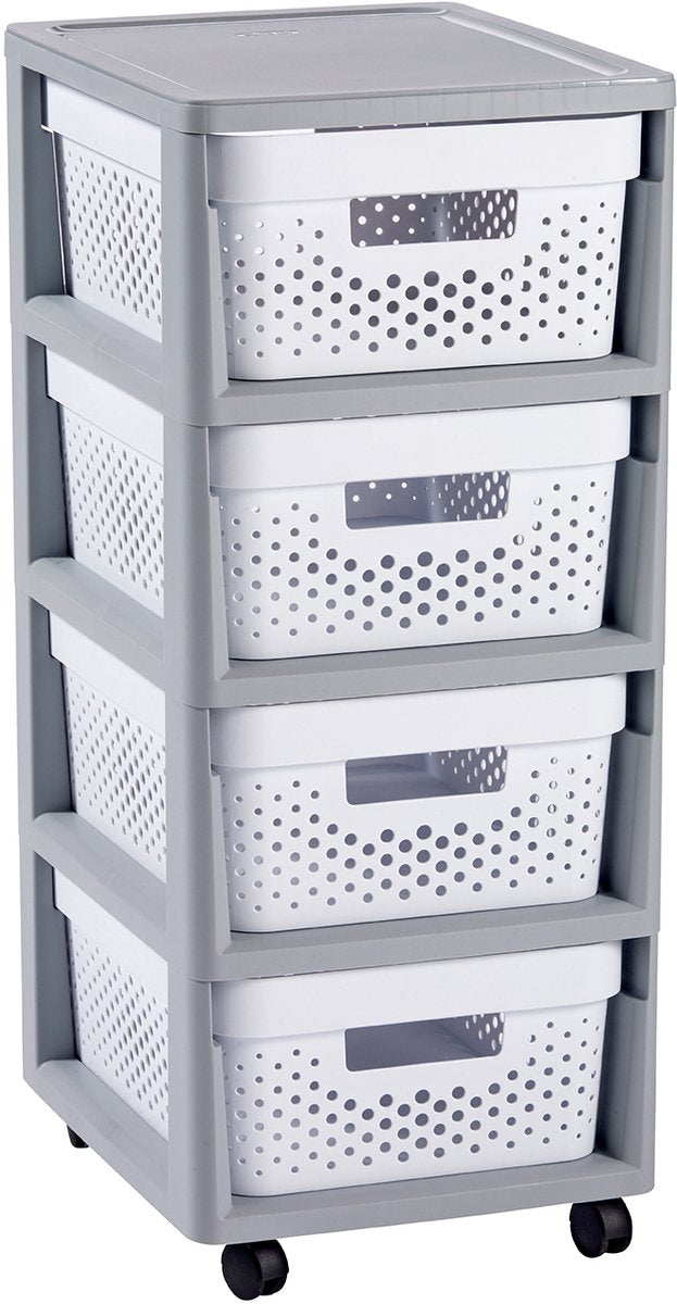 Curver infinity dots ladesysteem - 4 lades van 11l - met wieltjes - 36x30×66 cm - grijs wit