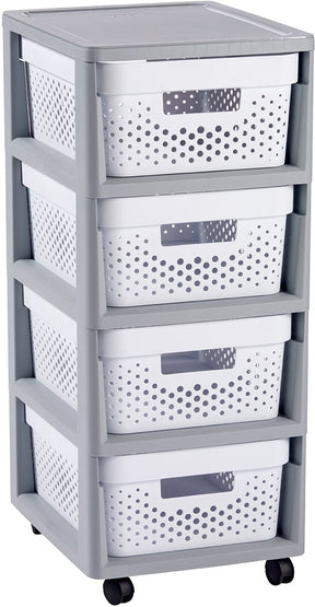 Curver infinity dots ladesysteem - 4 lades van 11l - met wieltjes - 36x30×66 cm - grijs wit