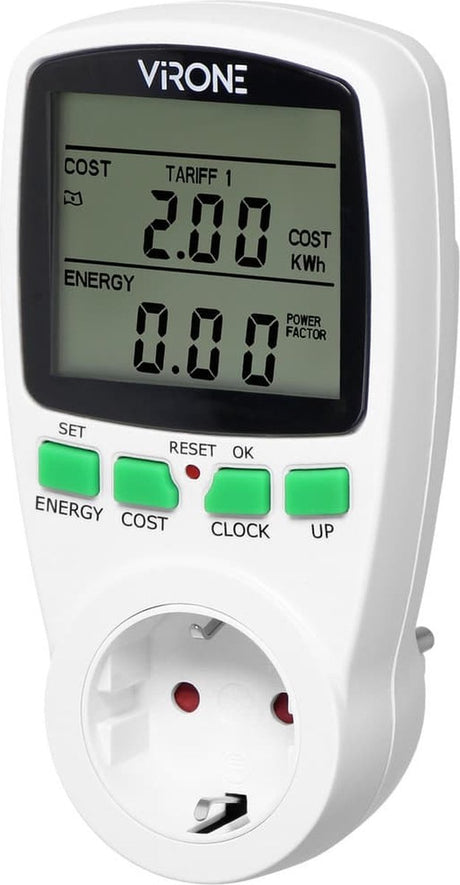Virone energiemeter verbruiksmeter elektriciteit max. 3680 watt - verbruiksmeter met lcd-display - kwh meter voor in stopcontact schuko - stroomverbruik meter voor thuis - energiekostenmeter met tijd - wit