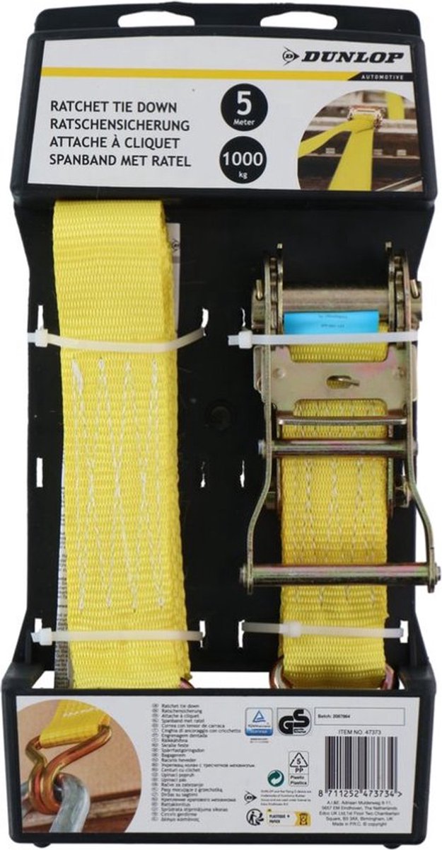 Dunlop spanband met ratel - haak - 5 m - tot 1000 kg - geel