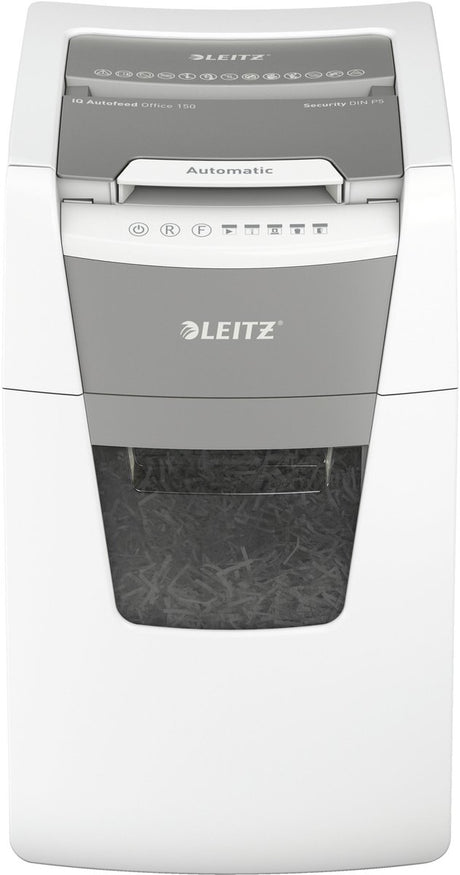 Leitz iq autofeed+ office 150 stille papierversnipperaar p5 - micro snippers - tot 150 vel - 44l - wit