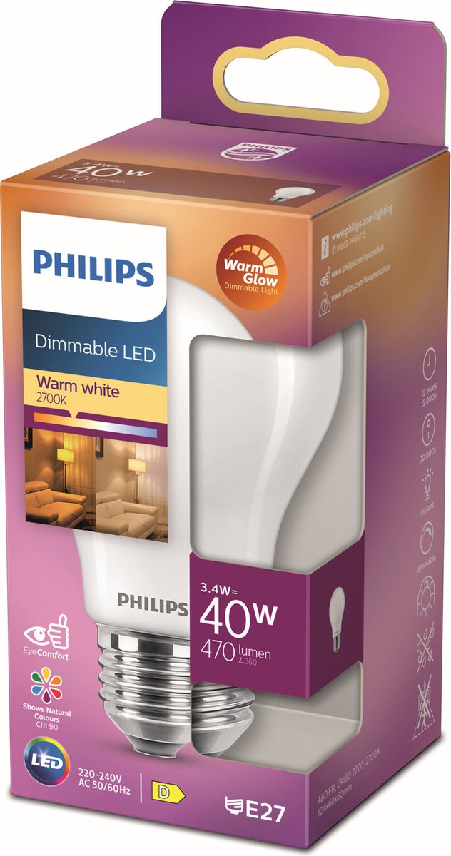 Philips led lamp mat - 40 w - e27 - dimbaar warmwit licht