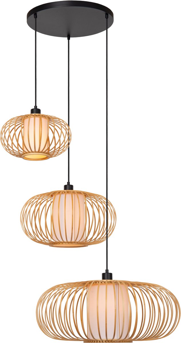 Lucide thuline - hanglamp - 3xe27 - lichte houtlook - essential - japandi