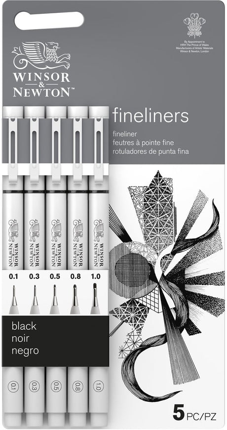 Winsor newton fineliner set zwarte – 5 nibmaten (0.1–1.0 mm) – waterbestendige pigmentinkt voor tekenen schetsen