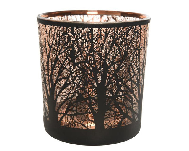 Decoris theelichthouder boom van glas zwart dia7,3x8cm