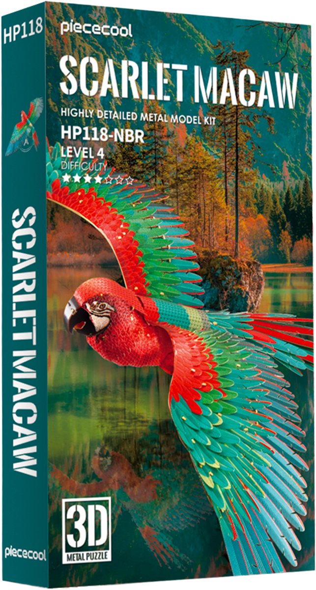 Geronimo games piececool - scarlet macaw - - hobby - metalen model - 3d puzzel - level 4 - 83 stukjes
