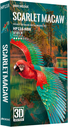 Geronimo games piececool - scarlet macaw - - hobby - metalen model - 3d puzzel - level 4 - 83 stukjes