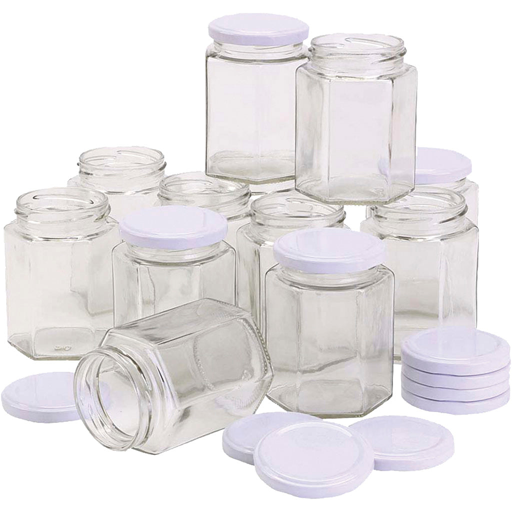 Http: www.cchobby.nl zeshoekige-glazen-pot-h-8-cm-d-7-cm-180-ml-12-stuk-1-doos