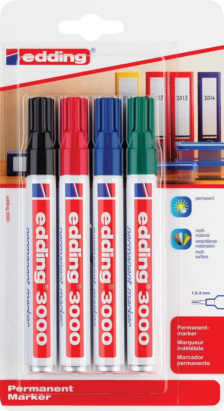 Edding 3000 permanent marker - zwart, rood, blauw, groen - 4 stiften - ronde punt 1,5-3mm - water en wrijfvast - voor karton, kunststof, hout, metaal, etc. - alcohol markers voor volwassenen