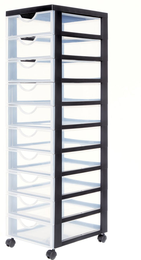 Iris easygrip chest ladekast - 10 lades x 7,5l - kunststof - zwart transparant - met wieltjes