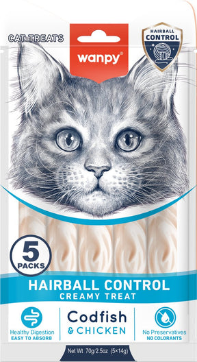 Wanpy - likbare snack met functie - kabeljauw kip - haarbal controle - 1 x 5 sticks van 14 gram