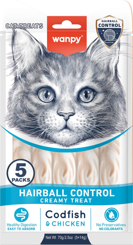 Wanpy - likbare snack met functie - kabeljauw kip - haarbal controle - 5 x 5 sticks van 14 gram