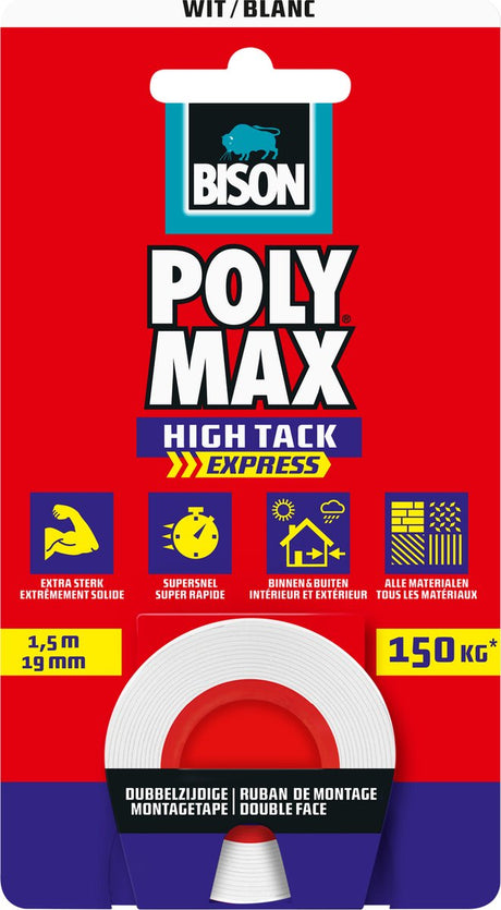 Bison poly max® high tack express montage tape wit, universele dubbelzijdige montagetape 1,5 meter x 19mm, eenvoudig in gebruik, extra sterk, supersnel, ophangen zonder boren