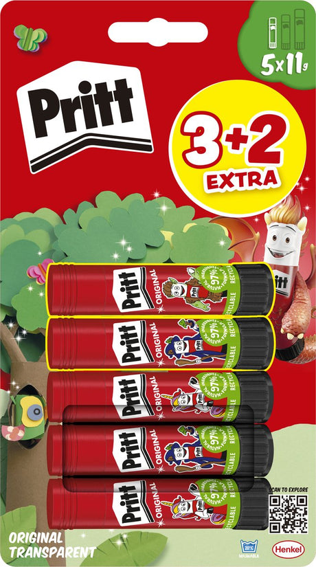 Pritt original lijmstift | 11 g | 3 + 2 gratis | op blister - knutsellijm voor kinderen - kindvriendelijke hobbylijm - oplosmiddelvrij