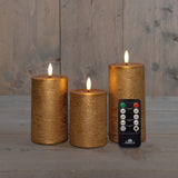 Anna's collection stompkaarsset met 3d vlam effect wax goud oplaadbaar, met afstandsbediening en usb kabel ø7,5x10 12 15cm