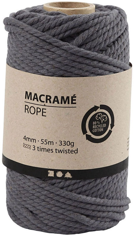 Creativ company macramé koord, l: 55 m, 4 mm, grijs, 330 gr, 1 rol