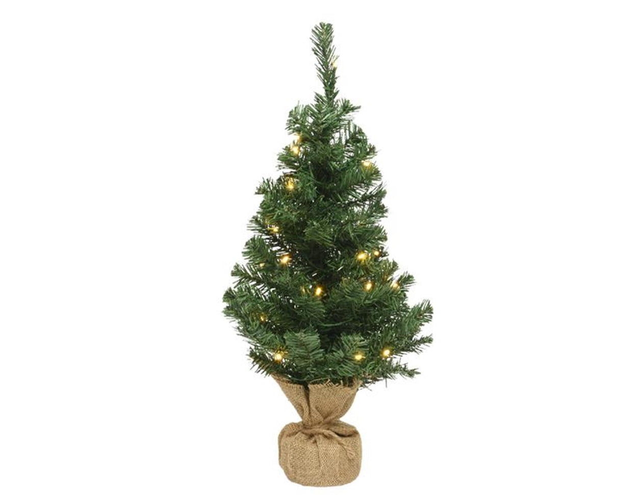 Everlands imperial pine mini kunstkerstboom met 10 lampen warm wit led verlichting in jute zak. werkt op 3 x aa batterijen en is voor binnen gebruik ip20, heeft een timer van 6 uur aantal tips:43 pvc
