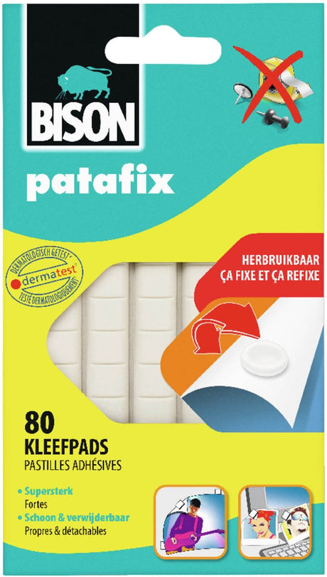 Bison patafix, verwijderbare en herbruikbare kleefpads, wit, 80 stuks, slimme alternatief voor spelden, tape en punaises, verwijderbaar, herbruikbaar, bevestiging van foto's postkaarten en meer