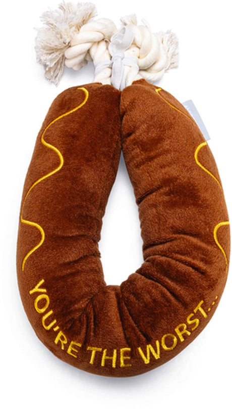 Beeztees bbq worst + touw - hondenspeelgoed - pluche - bruin - 60x7x7 cm