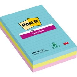 Post-it ® super sticky notes, kleurenset miami, aquawave, neon groen, neon rose, gelijnd, 3 blokken, 101 mm x 152 mm, 90 blaadjes
