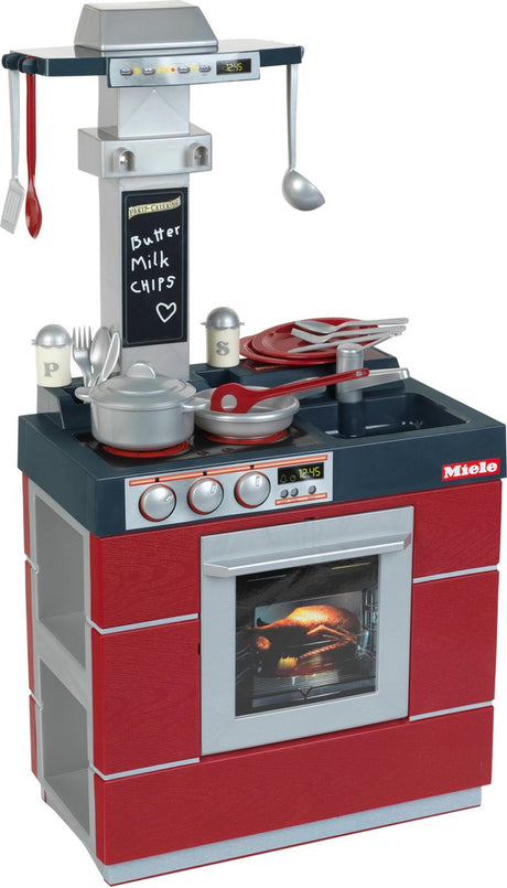 Klein toys miele keuken - fornuis, afzuigkap, dispenser, spoelbak, handige opbergvakjes - incl. bijpassende accessoires - rood grijs