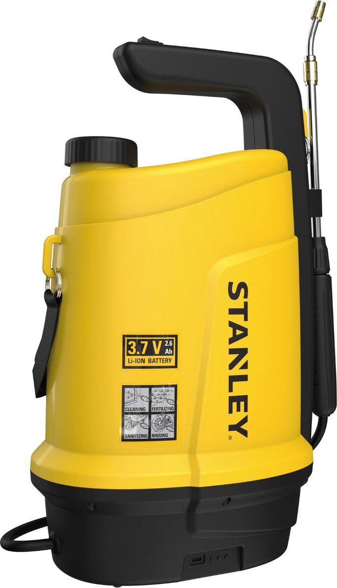 Stanley druksproeier 5 l, drukspuit, sproeier tuin, elektrisch, heroplaadbare batterij lithium, telescopische lans, regelbare sproeikop, autonomie 2.5 h, max. 2 bar, 0.33 l minuut, geel zwart