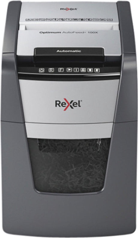 Rexel optimum autofeed+ 100x fluisterstille papierversnipperaar - p4 snippers - automatische invoer tot 100 vel - 34l - zwart