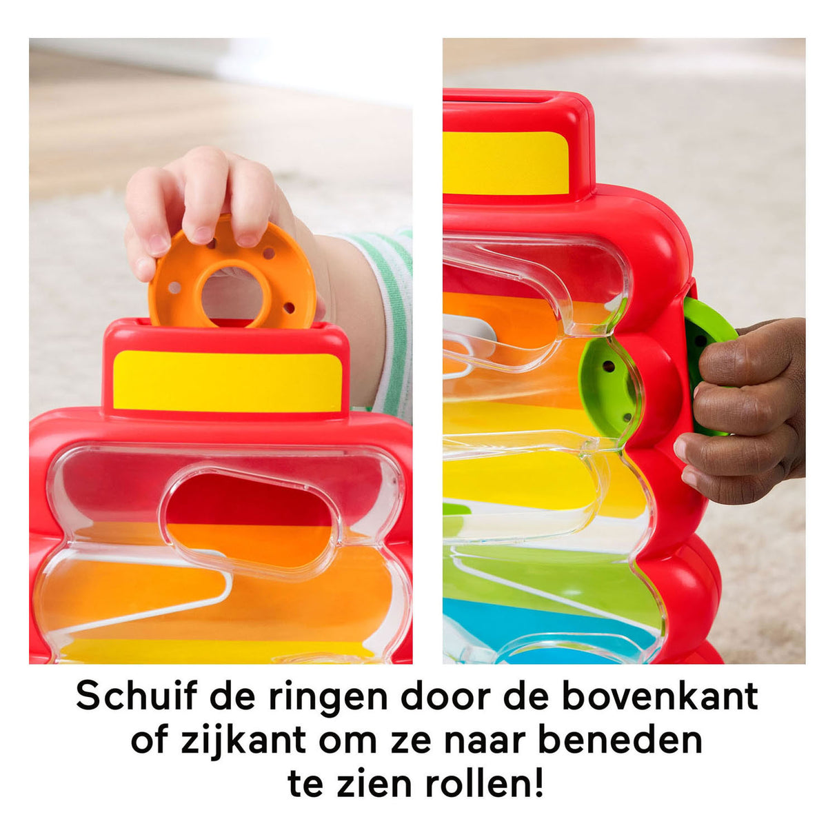 Fisher-price rollende ringen in wiebelende stapeltoren