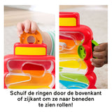 Fisher-price rollende ringen in wiebelende stapeltoren