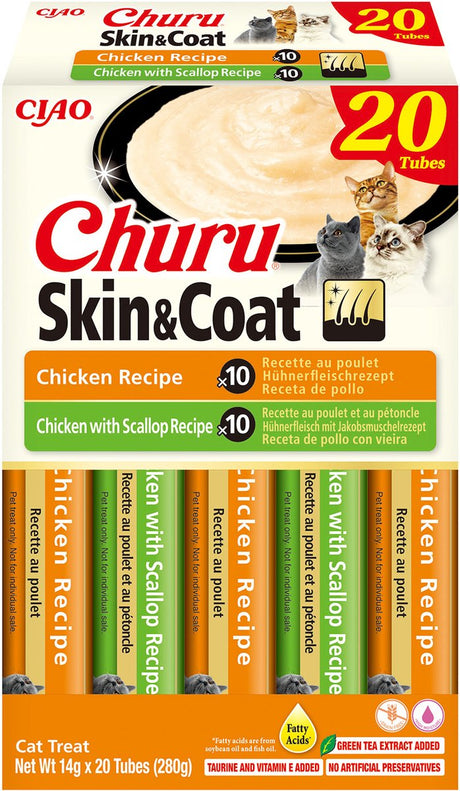Inaba ciao churu skin coat creamy puree liquid kattensnack kip variëteiten 20x14g