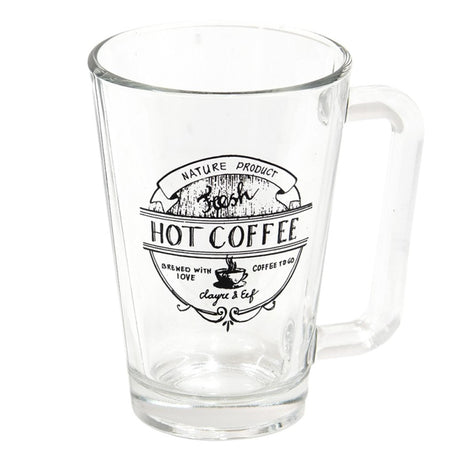 Clayre eef transparant glazen mok met een zwarte tekst hot coffee 11x8x12cm 250ml