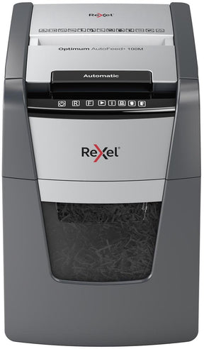 Rexel optimum autofeed+ 100m fluisterstille papierversnipperaar - p5 microsnippers - automatische invoer tot 100 vel - 34l - zwart