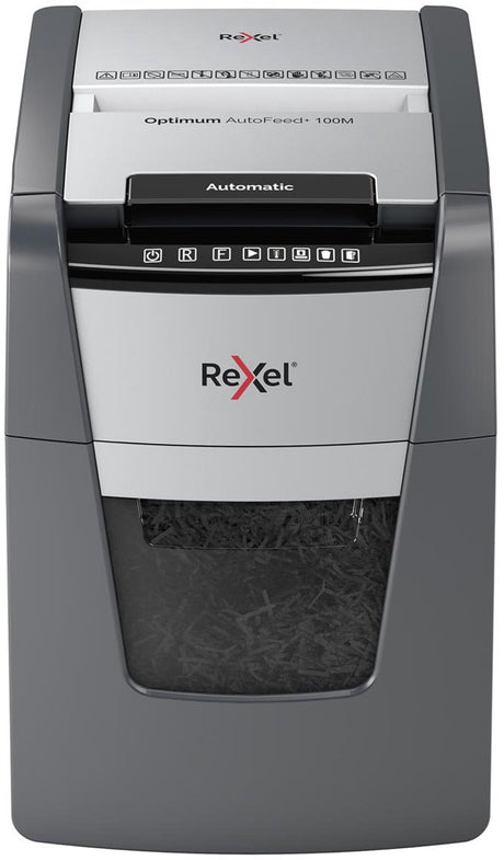 Rexel optimum autofeed+ 100m fluisterstille papierversnipperaar - p5 microsnippers - automatische invoer tot 100 vel - 34l - zwart