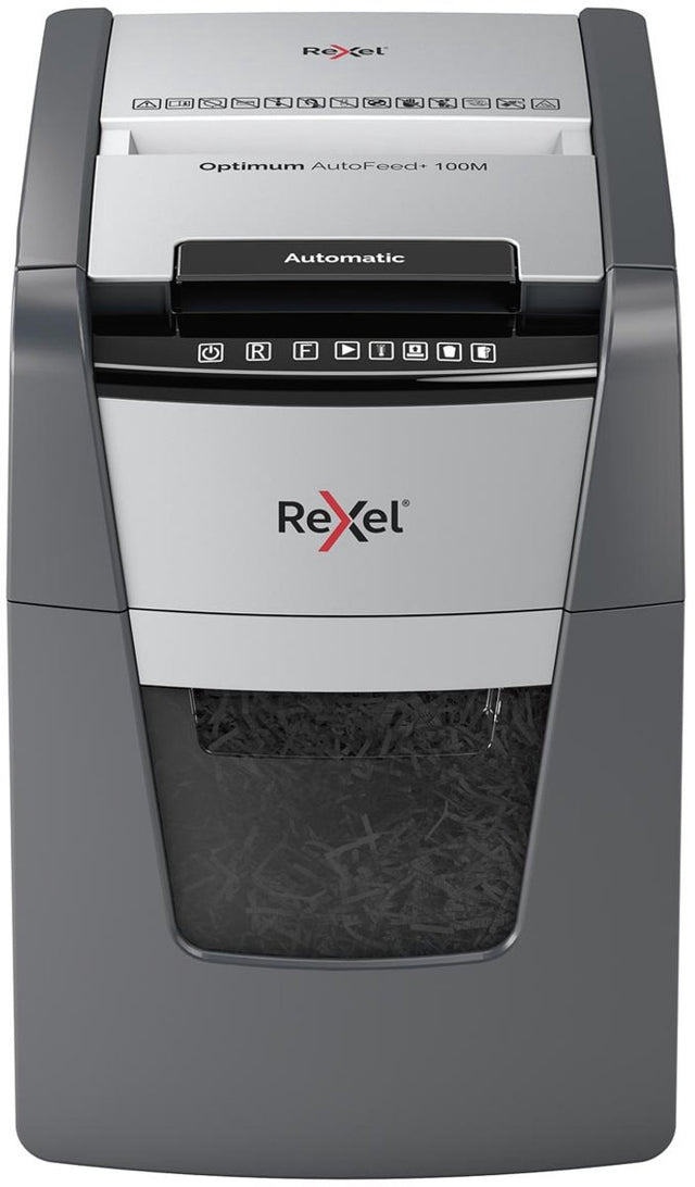 Rexel optimum autofeed+ 100m fluisterstille papierversnipperaar - p5 microsnippers - automatische invoer tot 100 vel - 34l - zwart